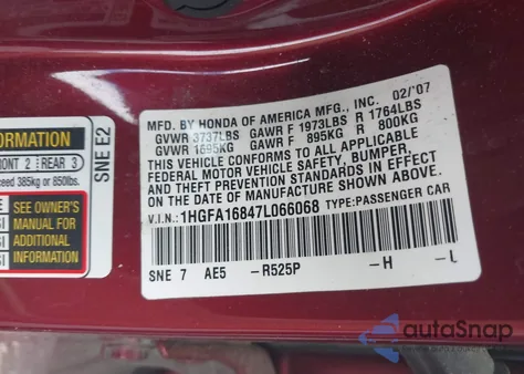 2007 Honda Civic Ex z USA, uszkodzony, nr VIN 1HGFA16847L066068